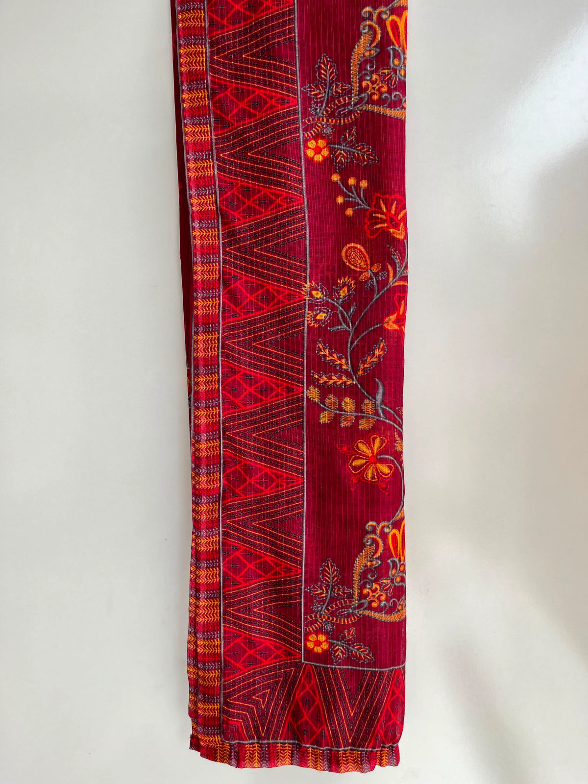 Crimson Red Floral Embroidered Lawn 3-Piece Stitched Suit with Bamber Chiffon Dupatta & Plain Trousers