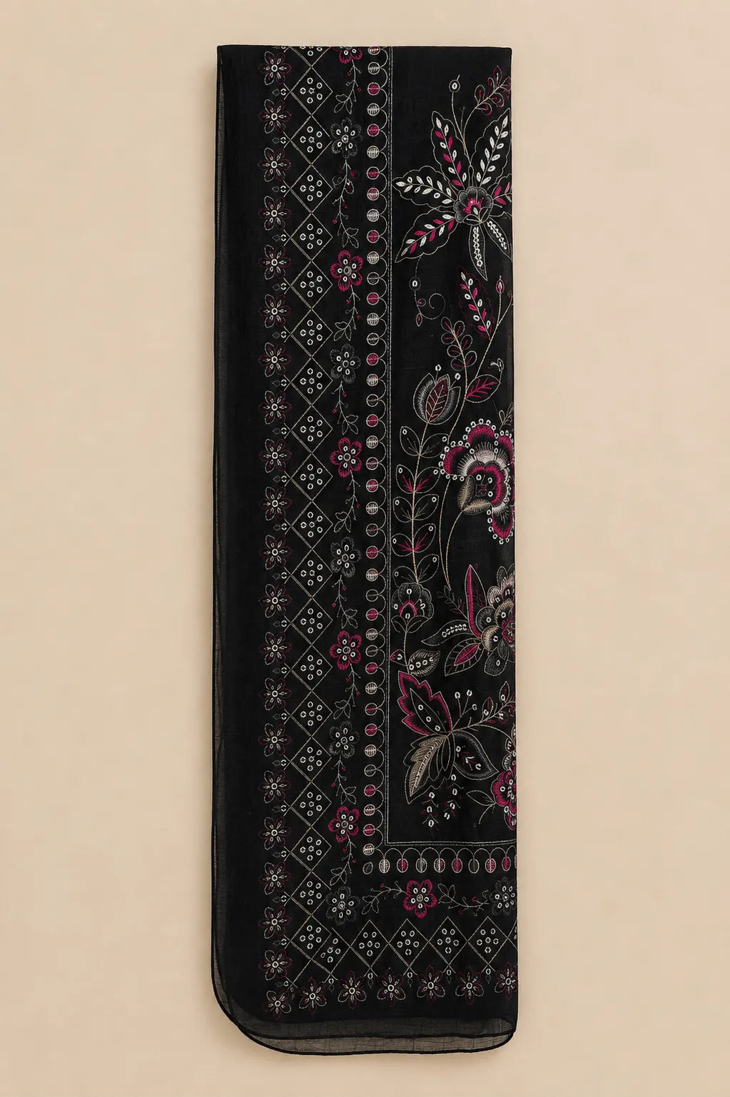 Black Embroidered 3-Piece Stitched Suit with Rust & Ochre Threadwork & Bamber Dupatta