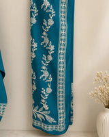 Teal Blue Embroidered Aari Work 3-Piece Stitched Suit with Bamber Dupatta