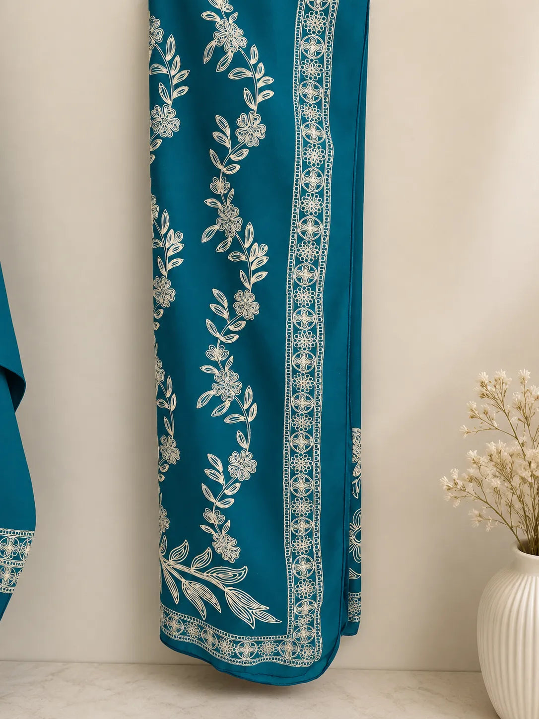 Teal Blue Embroidered Aari Work 3-Piece Stitched Suit with Bamber Dupatta