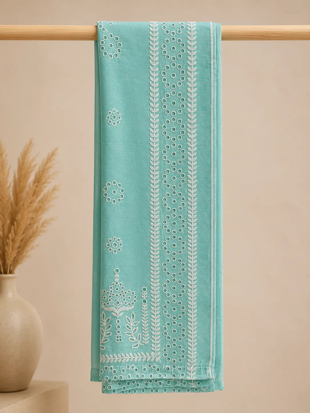 Aqua Blue Embroidered Short Shirt & Trouser 3-Piece Suit with Bamber Dupatta
