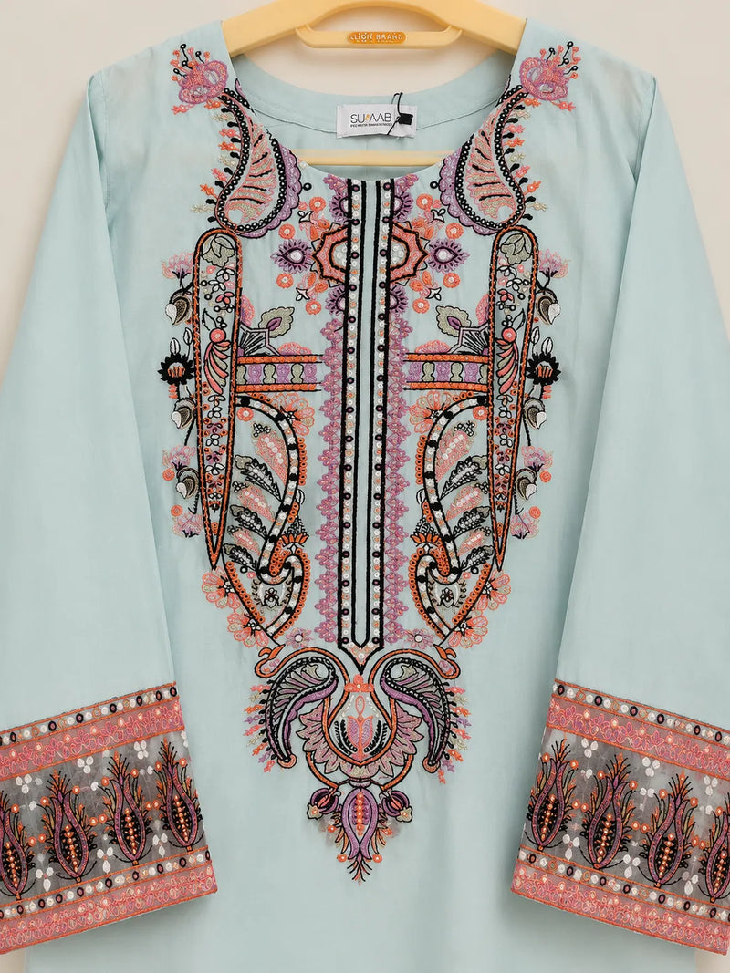 Aqua Blue Embroidered Farshi 3-Piece Stitched Suit with Chiffon Dupatta