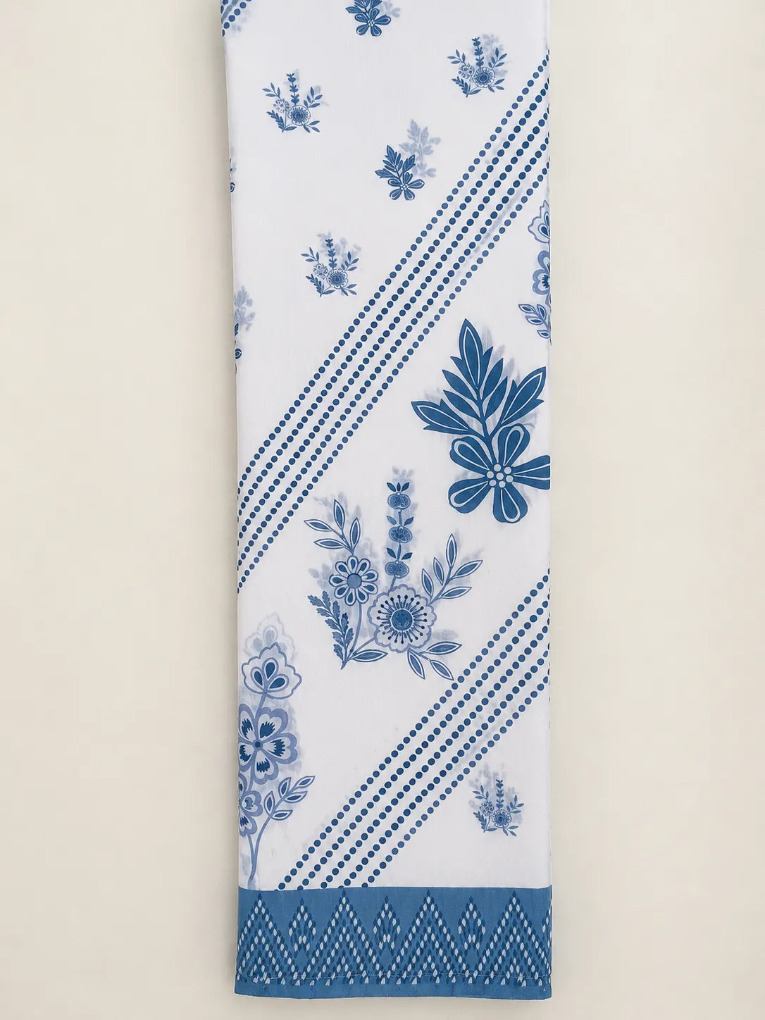 Off-White & Ink Blue Embroidered Lawn 3-Piece Stitched Long Suit with Organza Sleeves & Printed Chiffon Dupatta