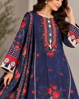 Deep Purple Floral Lawn Kaftan 3 Piece Suit | Embroidered Neckline & Geometric Borders