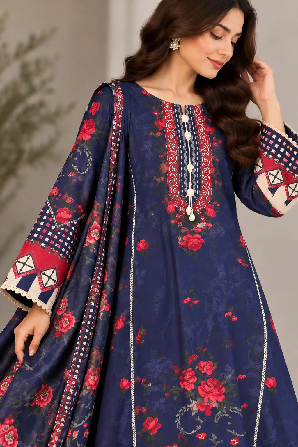 Deep Purple Floral Lawn Kaftan 3 Piece Suit | Embroidered Neckline & Geometric Borders