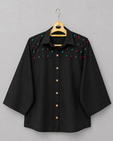 Black Cotton 2-Piece Co-Ord Set with Colorful French Knot Yoke Details & Wide-Leg Trousers