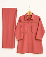Salmon Pink Cotton 2-Piece Co-Ord Set with Contrast Stitching Details & Straight Trousers