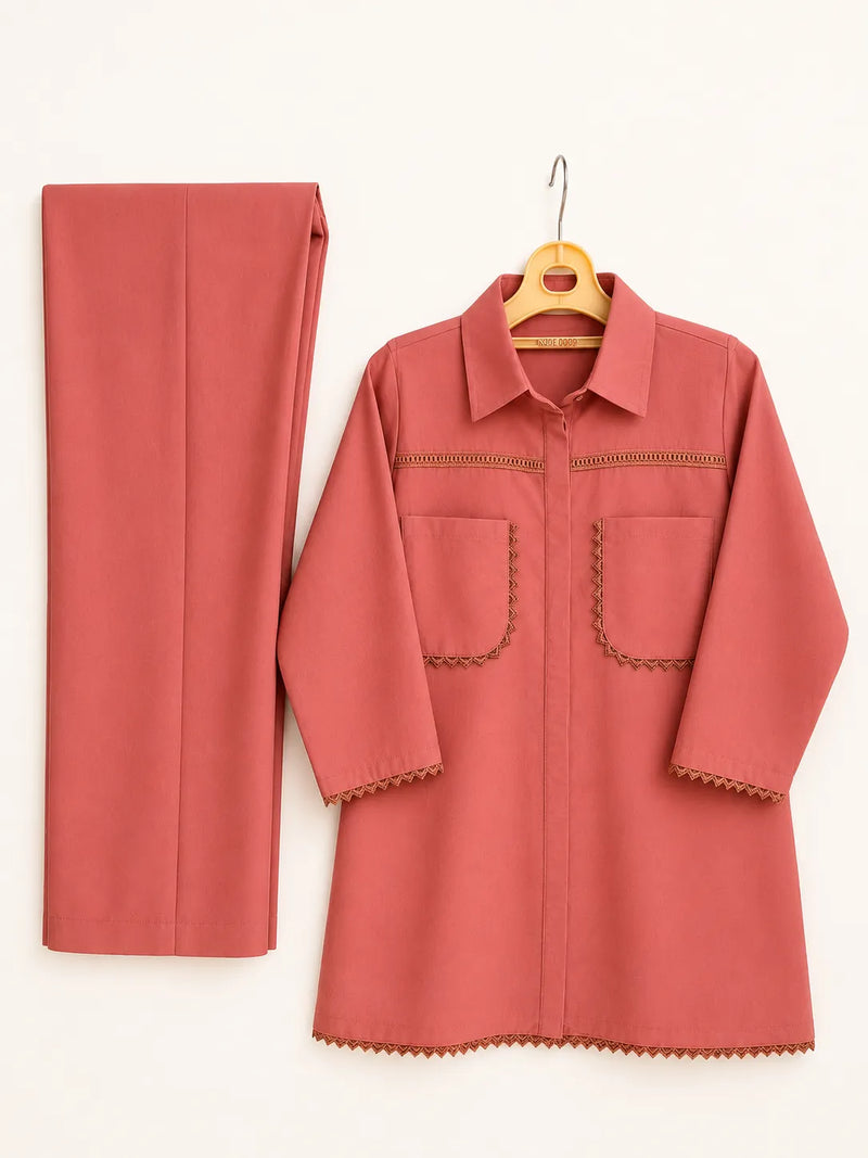 Salmon Pink Cotton 2-Piece Co-Ord Set with Contrast Stitching Details & Straight Trousers