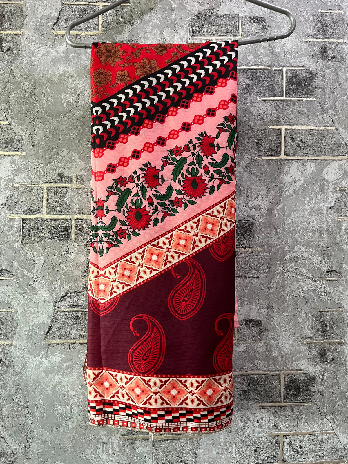 Bright Red Printed Lawn 3 Piece Kaftan Suit | Ornate Neckline & Matching Dupatta