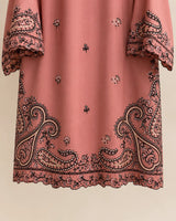 Salmon Pink & Black Paisley Embroidered Lawn 3-Piece Stitched Suit with Doriya Dupatta & Embroidered Trouser