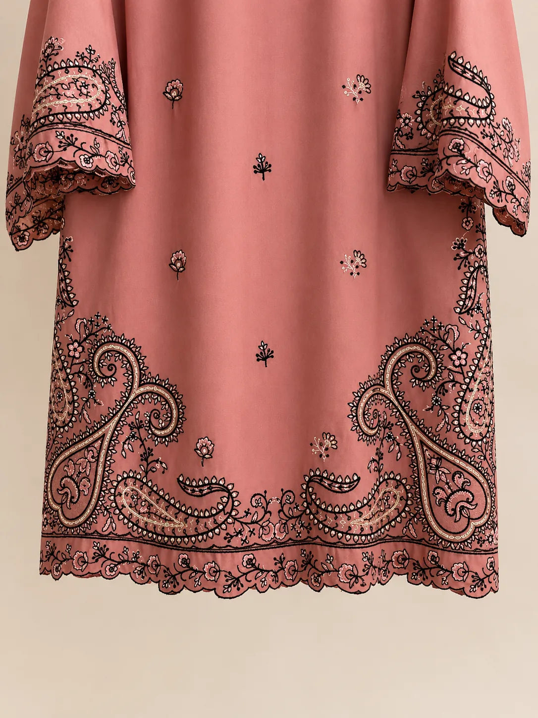 Salmon Pink & Black Paisley Embroidered Lawn 3-Piece Stitched Suit with Doriya Dupatta & Embroidered Trouser