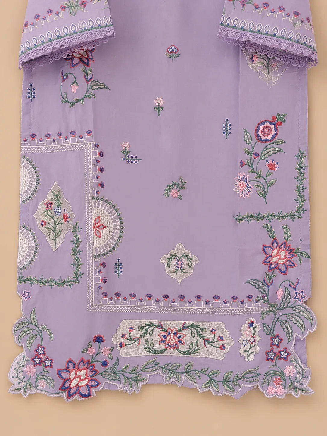 Lilac Colorful Floral Embroidered Long 3-Piece Stitched Lawn Suit with Scalloped Border & Embroidered Dupatta