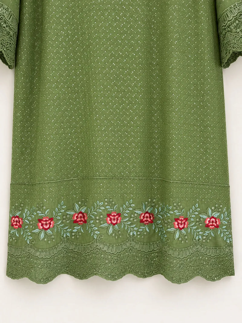 Olive Green Minimal Embroidered 3-Piece Stitched Suit with Floral Printed Dupatta