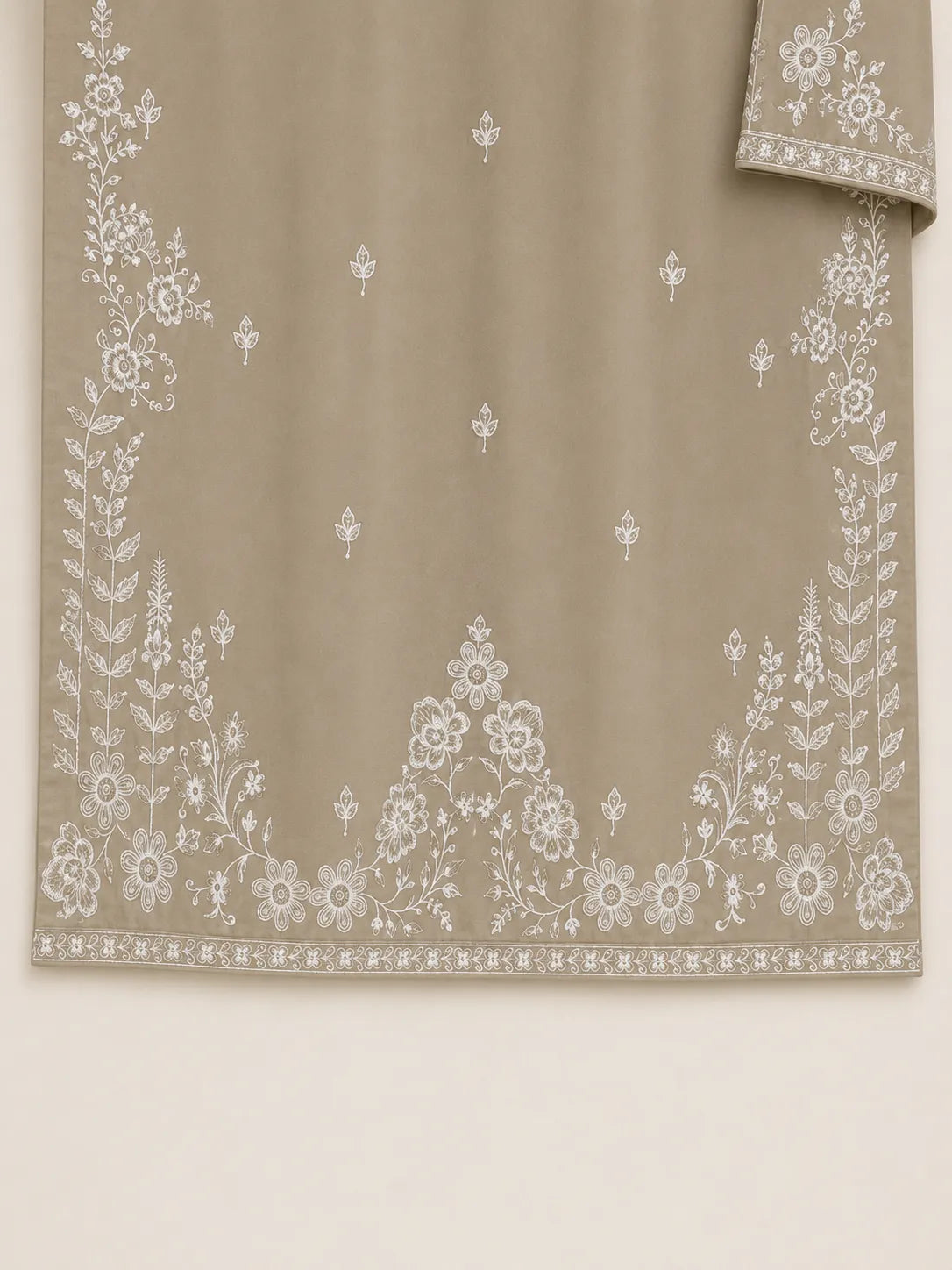 Beige Grey Embroidered 3-Piece Stitched Suit with Printed Bamber Dupatta