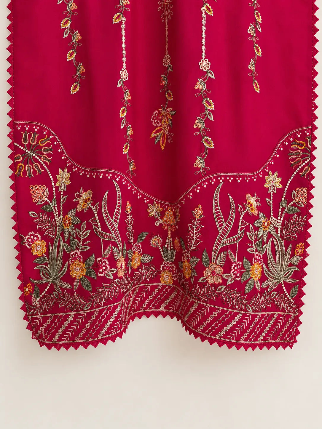 Shocking Pink Floral Embroidered Lawn 3-Piece Stitched Suit with Bamber Chiffon Dupatta & Plain Trousers