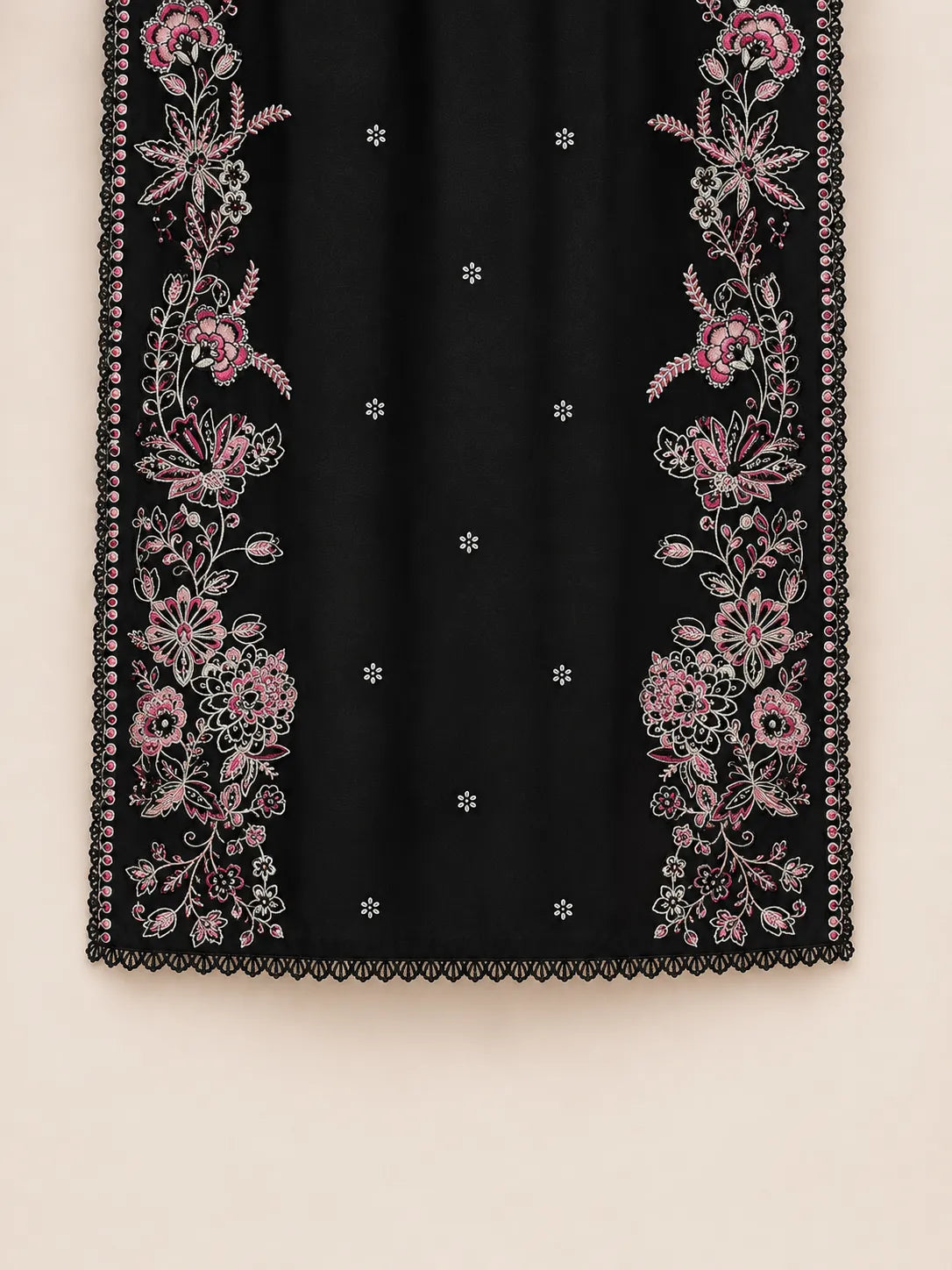 Black Embroidered Long Shirt 3-Piece Stitched Suit with Neckline Tassels & Bamber Dupatta