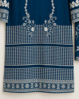 Teal Blue Embroidered Lawn 3-Piece Stitched Suit with Bamber Chiffon Dupatta & Plain Trousers