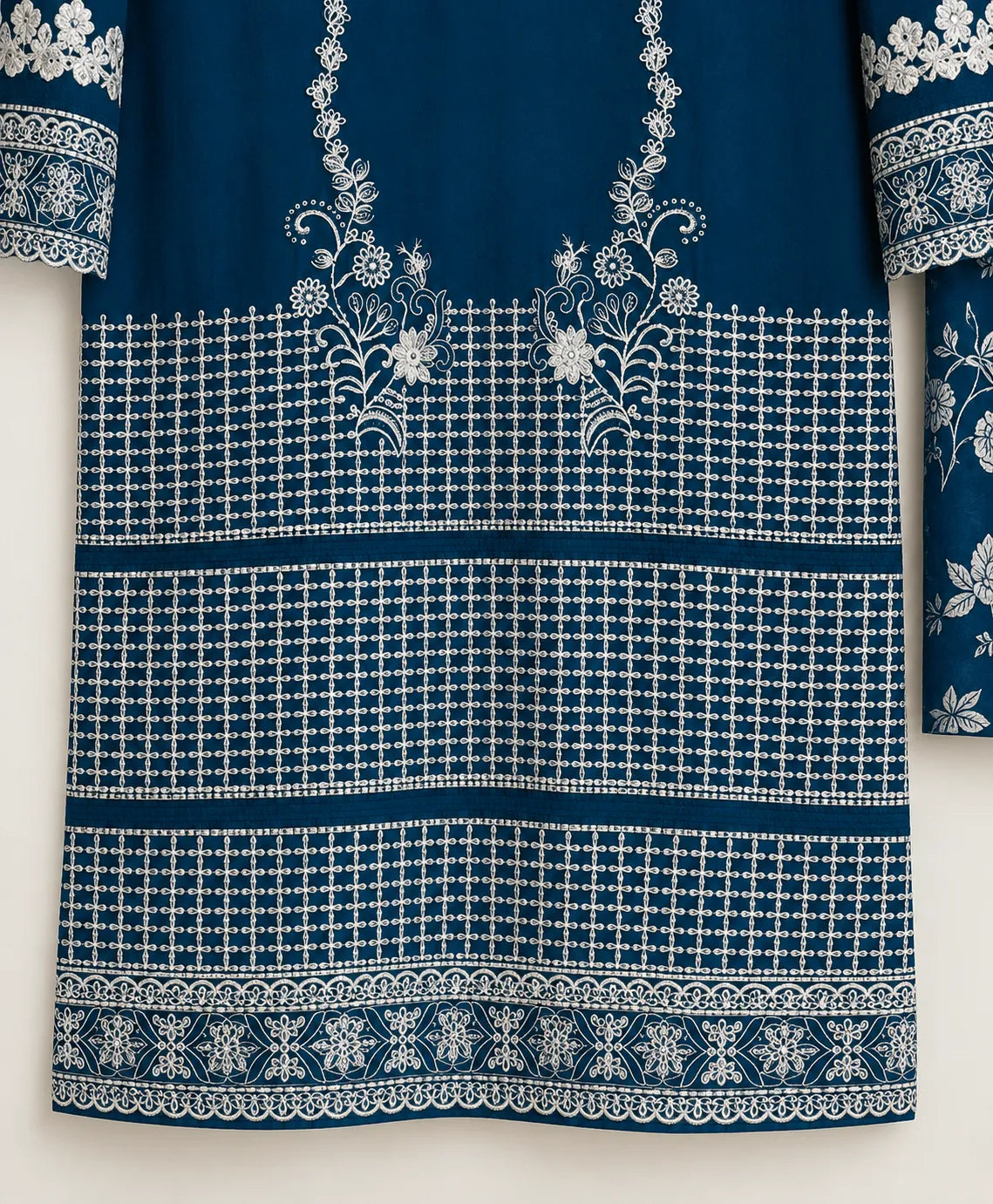 Teal Blue Embroidered Lawn 3-Piece Stitched Suit with Bamber Chiffon Dupatta & Plain Trousers
