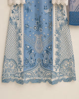 Off-White & Ink Blue Embroidered Lawn 3-Piece Stitched Long Suit with Organza Sleeves & Printed Chiffon Dupatta