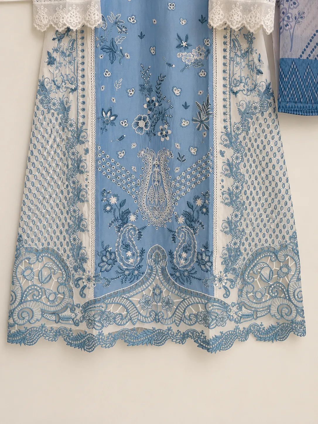 Off-White & Ink Blue Embroidered Lawn 3-Piece Stitched Long Suit with Organza Sleeves & Printed Chiffon Dupatta
