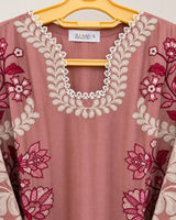 Salmon Pink Short Embroidered Lawn 3-Piece Stitched Suit with Embroidered Shalwar & Silk Dupatta