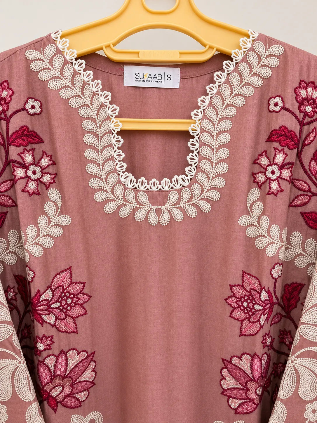Salmon Pink Short Embroidered Lawn 3-Piece Stitched Suit with Embroidered Shalwar & Silk Dupatta