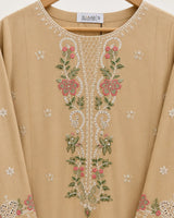 Beige / Skin Floral Embroidered Lawn 3-Piece Stitched Suit with Schiffli Lace Sleeves & Doriya Dupatta