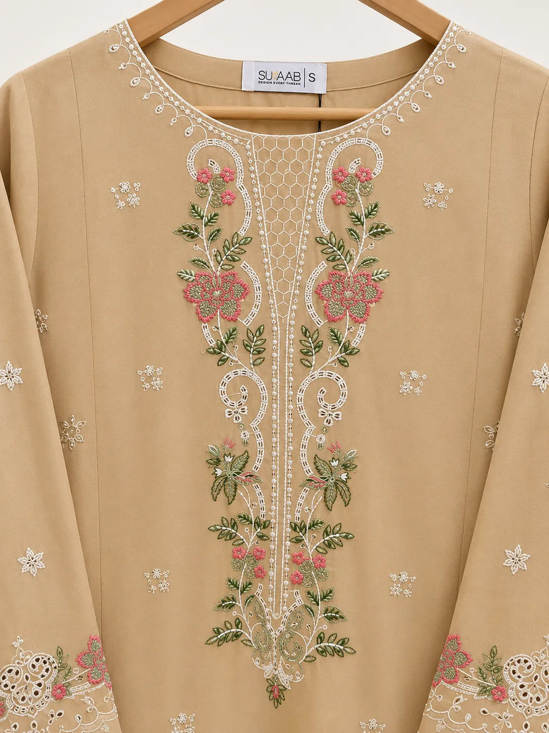 Beige / Skin Floral Embroidered Lawn 3-Piece Stitched Suit with Schiffli Lace Sleeves & Doriya Dupatta