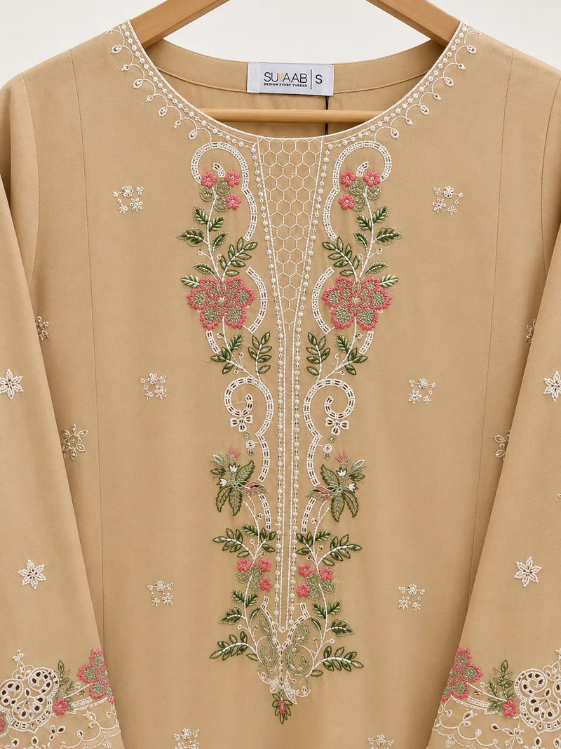 Beige / Skin Floral Embroidered Lawn 3-Piece Stitched Suit with Schiffli Lace Sleeves & Doriya Dupatta