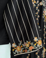 Black Embroidered 3-Piece Stitched Suit with Rust & Ochre Threadwork & Bamber Dupatta