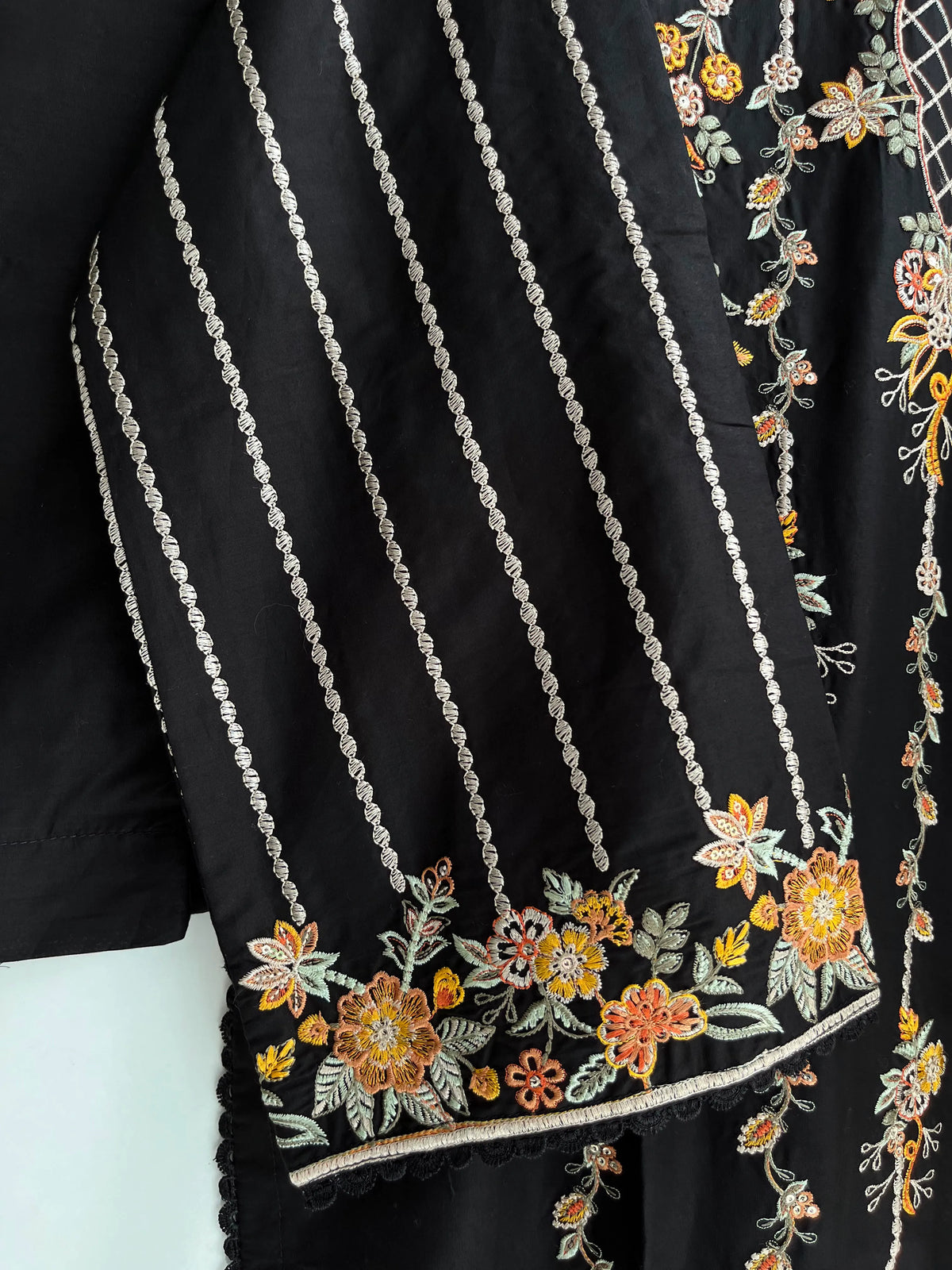Black Embroidered 3-Piece Stitched Suit with Rust & Ochre Threadwork & Bamber Dupatta