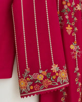 Shocking Pink Floral Embroidered Lawn 3-Piece Stitched Suit with Bamber Chiffon Dupatta & Plain Trousers