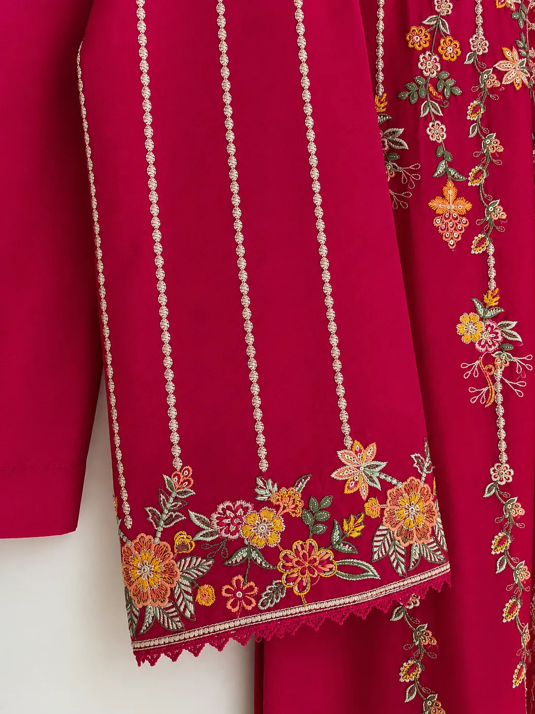 Shocking Pink Floral Embroidered Lawn 3-Piece Stitched Suit with Bamber Chiffon Dupatta & Plain Trousers