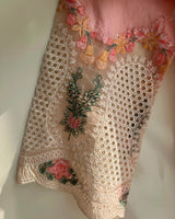 Light Pink Floral Embroidered Long 3-Piece Stitched Lawn Suit with Organza Trouser Patch & Floral Dupatta