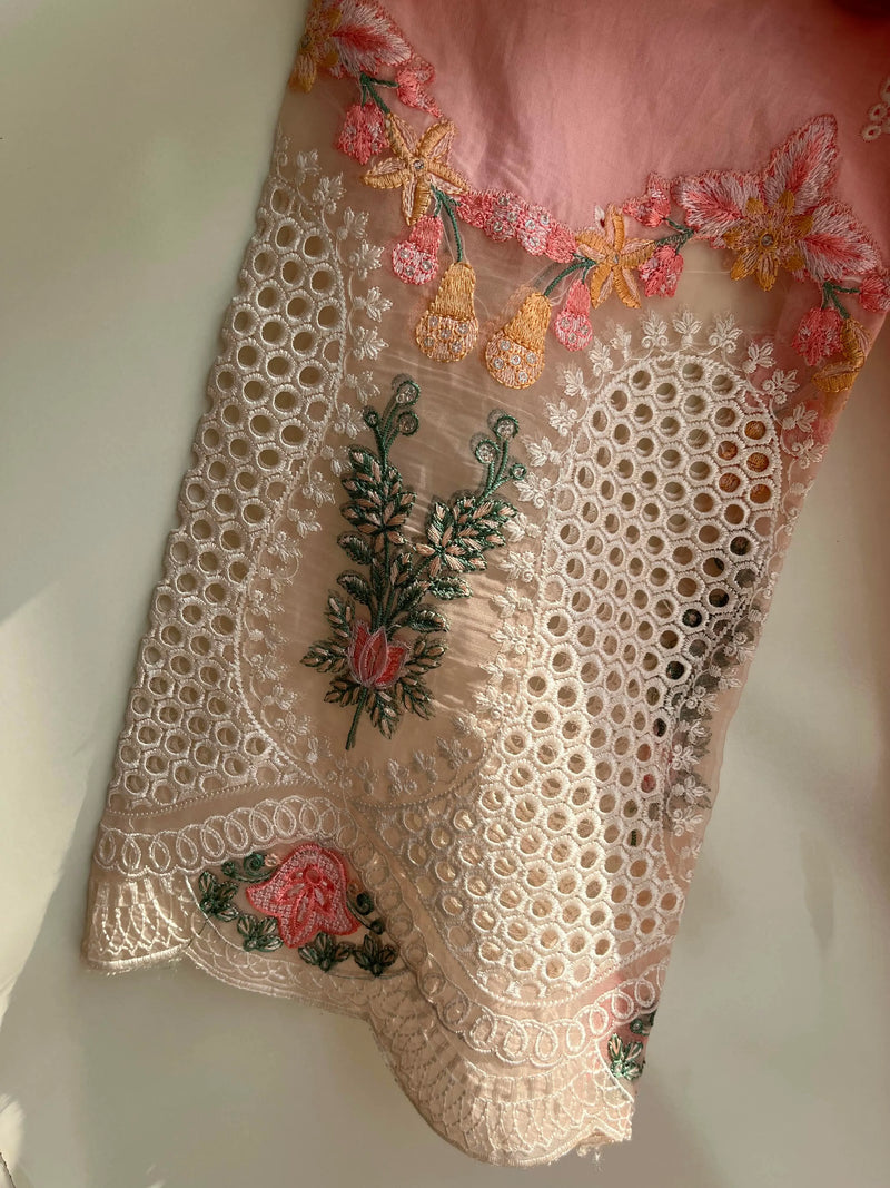 Light Pink Floral Embroidered Long 3-Piece Stitched Lawn Suit with Organza Trouser Patch & Floral Dupatta