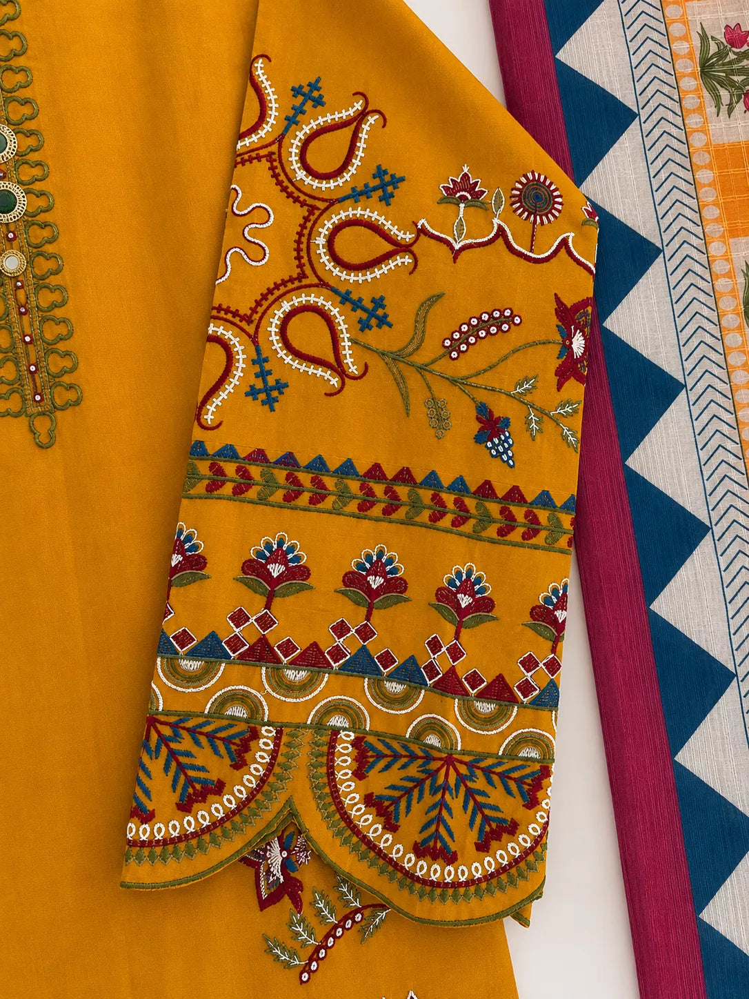 Mustard Yellow Embroidered Short Kurti 3-Piece Stitched Suit with Embroidered Shalwar & Printed Dupatta