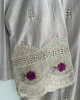 Dove Grey & Purple Floral Embroidered 3-Piece Stitched Suit with Chikankari Hem & Embroidered Dupatta