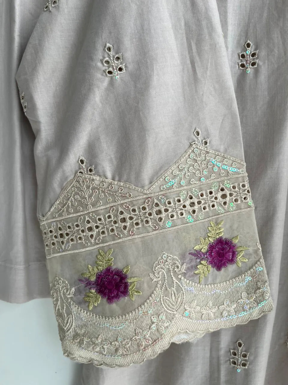 Dove Grey & Purple Floral Embroidered 3-Piece Stitched Suit with Chikankari Hem & Embroidered Dupatta