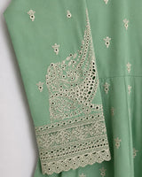 Pistachio Mint Green Embroidered Lawn Frock 3-Piece Stitched Suit with Chiffon Dupatta & Plain Trousers