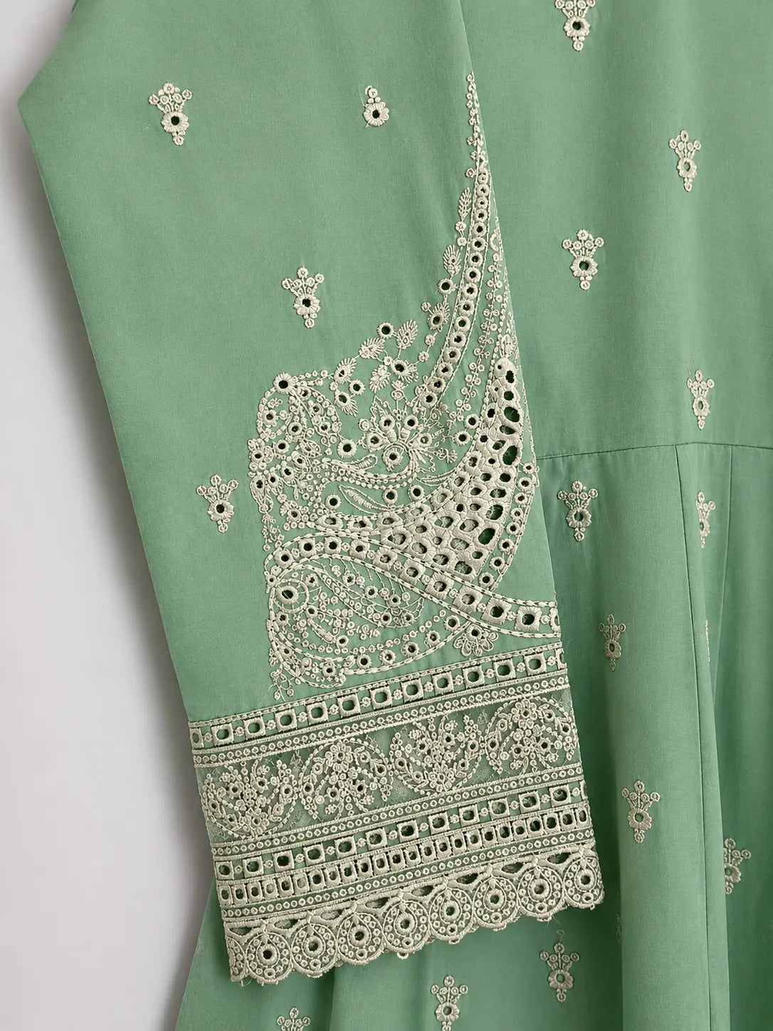 Pistachio Mint Green Embroidered Lawn Frock 3-Piece Stitched Suit with Chiffon Dupatta & Plain Trousers