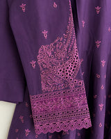 Deep Plum Purple Embroidered Lawn Frock 3-Piece Stitched Suit with Printed Chiffon Dupatta