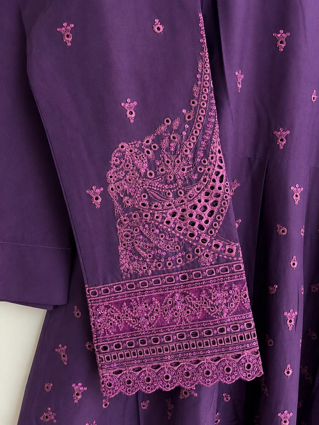 Deep Plum Purple Embroidered Lawn Frock 3-Piece Stitched Suit with Printed Chiffon Dupatta