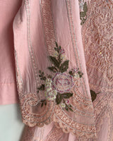 Baby Pink Floral Embroidered Long 3-Piece Stitched Lawn Suit with Chiffon Dupatta & Plain Trouser