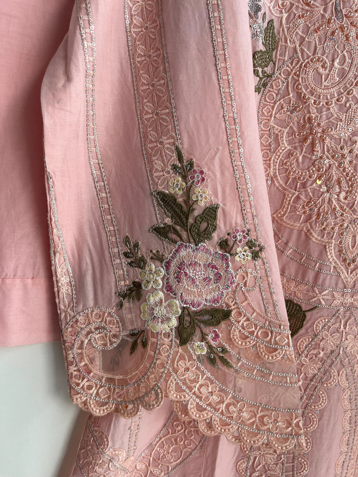 Baby Pink Floral Embroidered Long 3-Piece Stitched Lawn Suit with Chiffon Dupatta & Plain Trouser