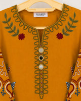 Mustard Yellow Embroidered Short Kurti 3-Piece Stitched Suit with Embroidered Shalwar & Printed Dupatta