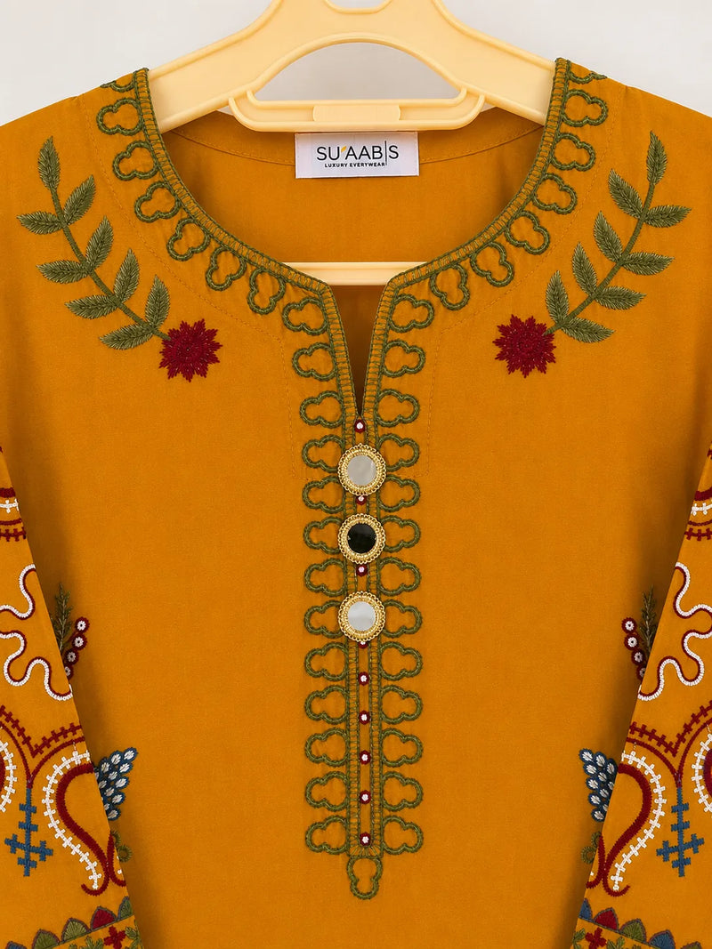 Mustard Yellow Embroidered Short Kurti 3-Piece Stitched Suit with Embroidered Shalwar & Printed Dupatta