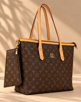 Brown Monogram Tote Bag with Tan Handles & Matching Pouch | Sufaab