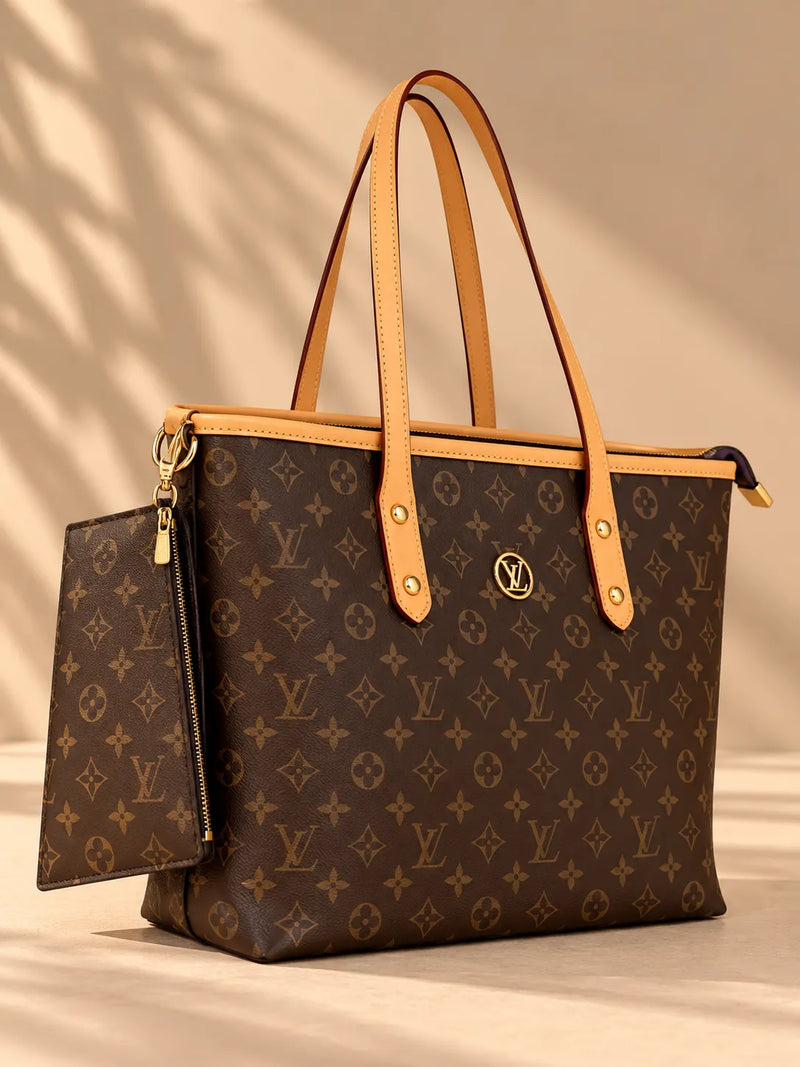 Brown Monogram Tote Bag with Tan Handles & Matching Pouch | Sufaab