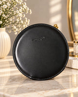 Black Round Circle Canteen Bag | Gold Chain Strap & Ornamental Clasp Crossbody Purse