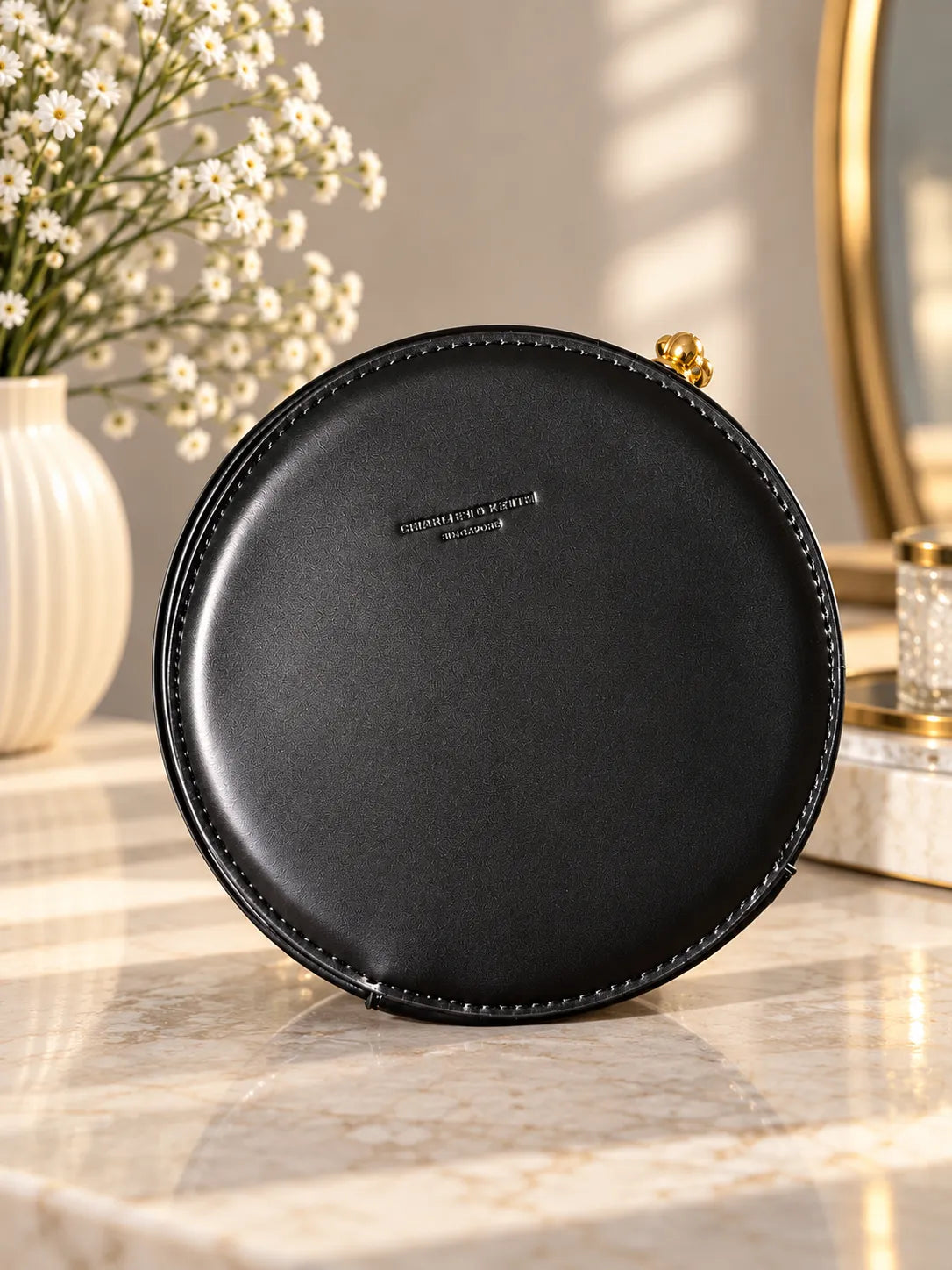 Black Round Circle Canteen Bag | Gold Chain Strap & Ornamental Clasp Crossbody Purse